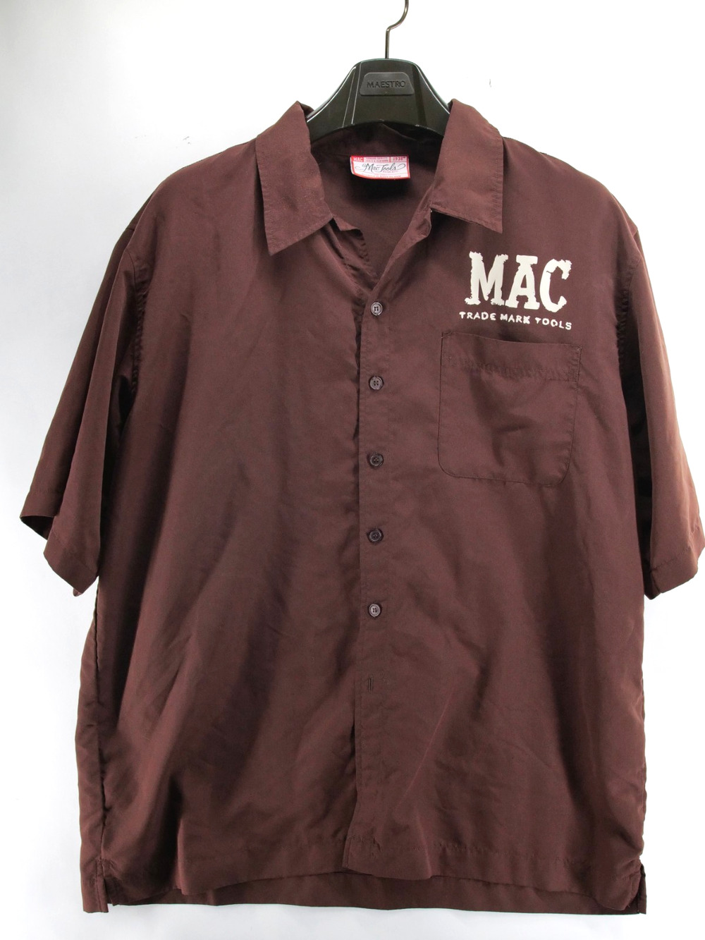 Mac Tools Mens XL Short Sleeve Button Up Work Shirt Brown Back Graphic Collared